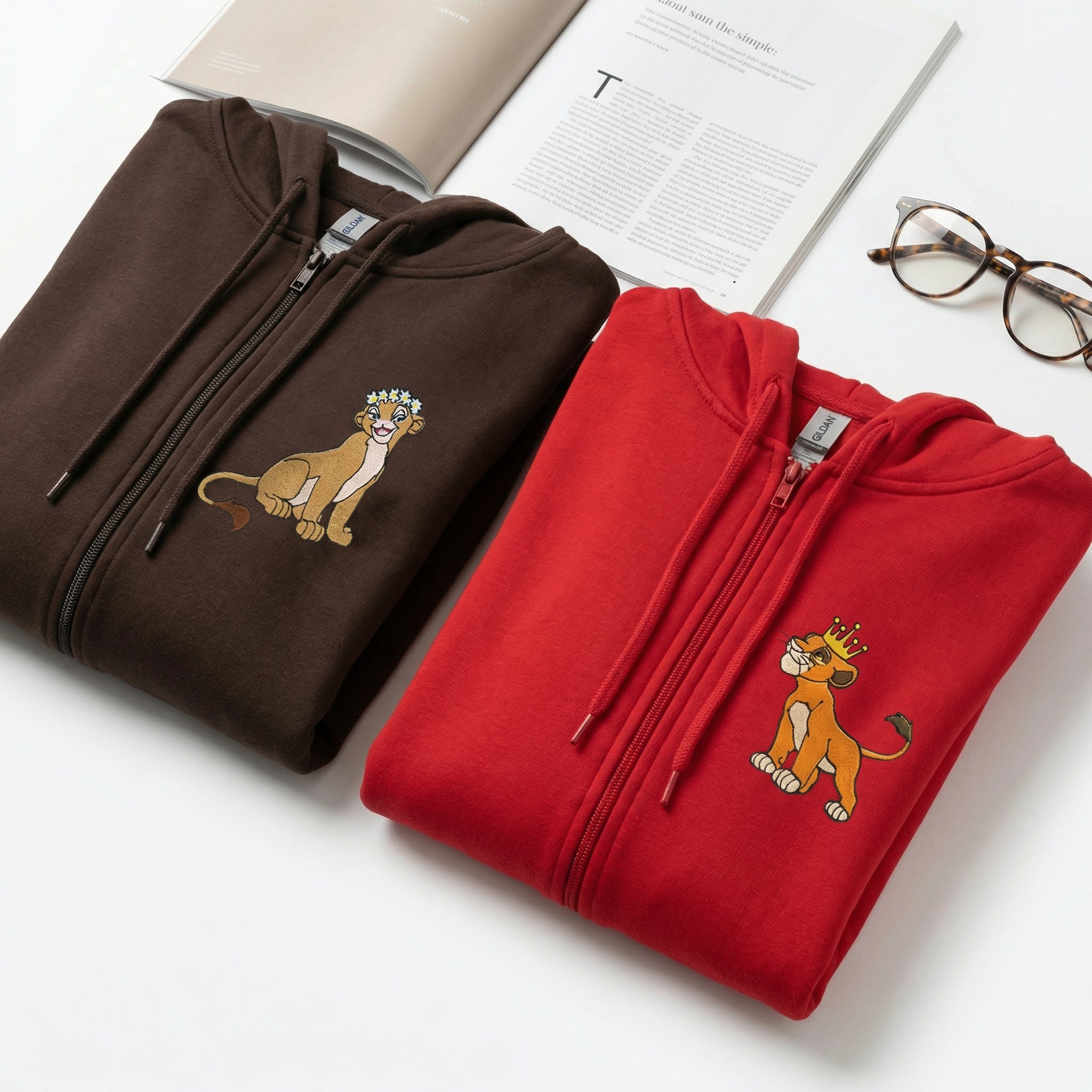 Custom Embroidered Quarter Zip Sweatshirts for Couples - Cute Lion King & Queen Matching Full-Zip Hoodie