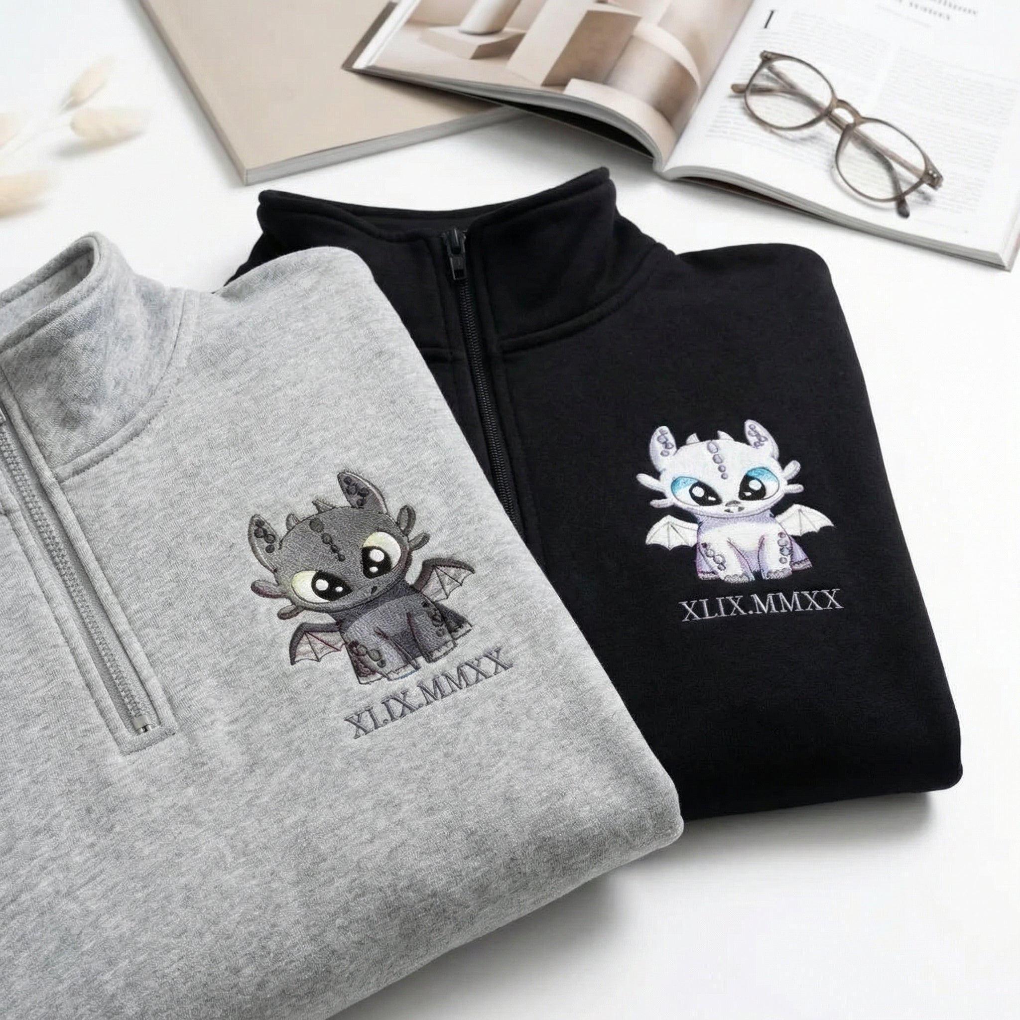 Custom Embroidered Quarter Zip Sweatshirts for Couples - Dragon Lovely Characters Roman Numeral Matching Full-Zip Hoodie