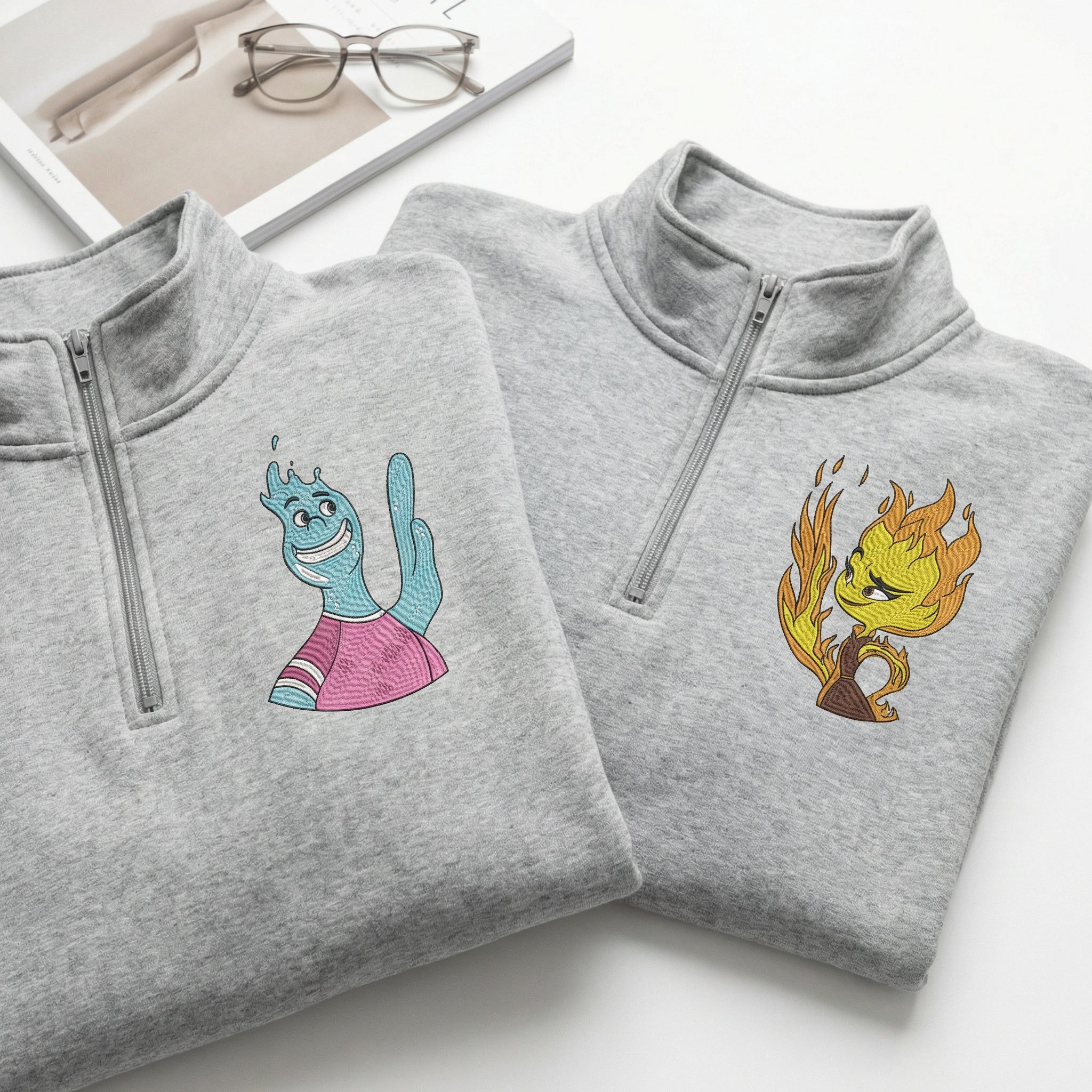 Custom Embroidered Quarter Zip Sweatshirts for Couples - Fire & Water His & Her Matching Full-Zip Hoodie