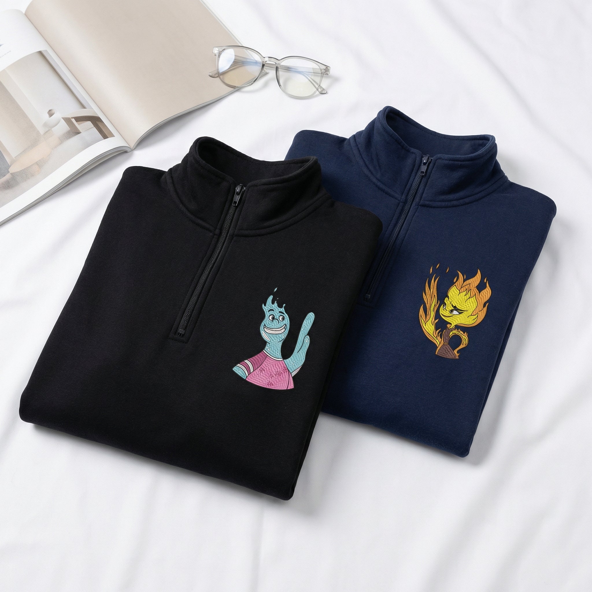 Custom Embroidered Quarter Zip Sweatshirts for Couples - Fire & Water His & Her Matching Full-Zip Hoodie