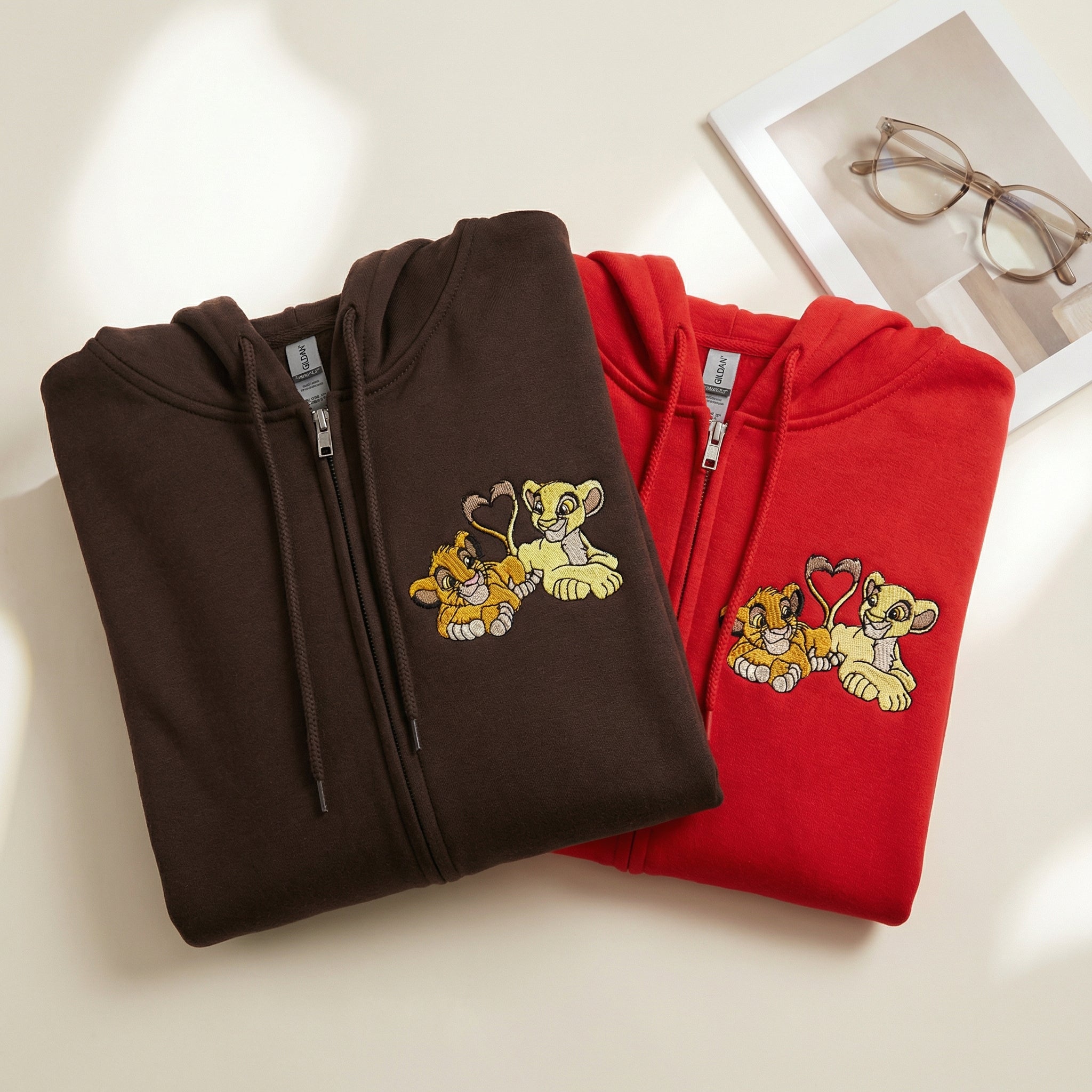 Custom Embroidered Quarter Zip Sweatshirts for Couples - Romantic Lion Couple Matching Full-Zip Hoodie
