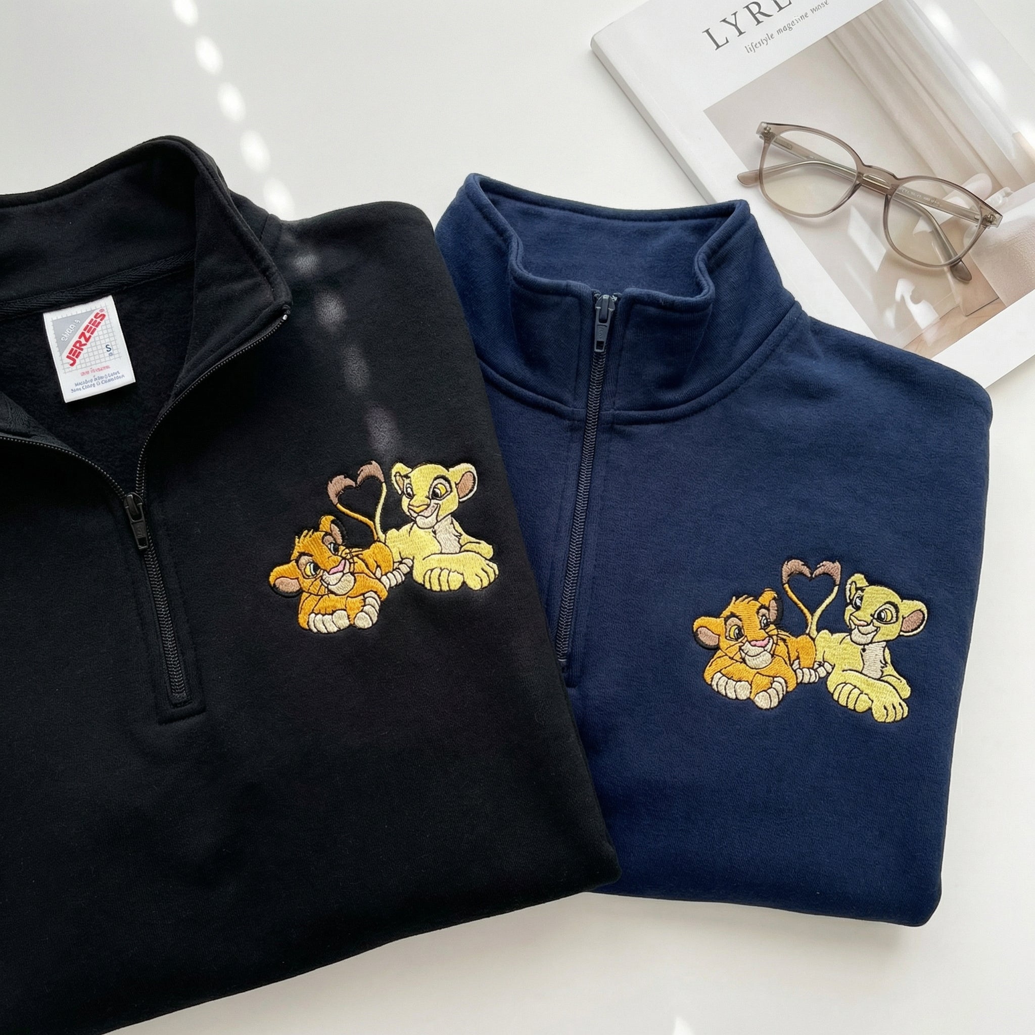 Custom Embroidered Quarter Zip Sweatshirts for Couples - Romantic Lion Couple Matching Full-Zip Hoodie