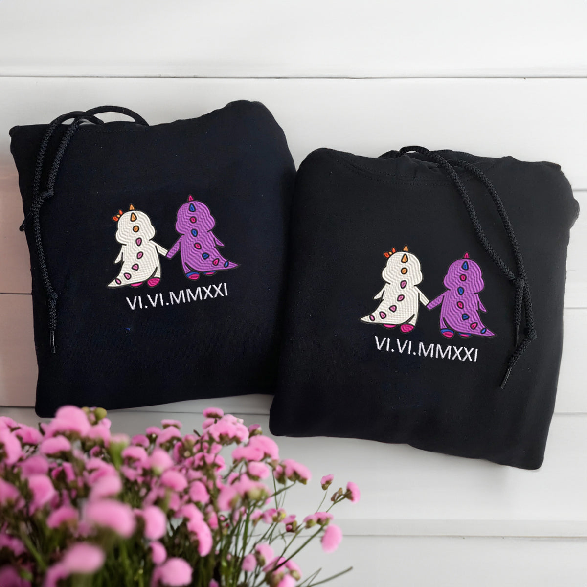Custom Embroidered Roman Numeral Date Hoodies For Couples, Bi Lesbian Dino Couples Embroidered Hoodie