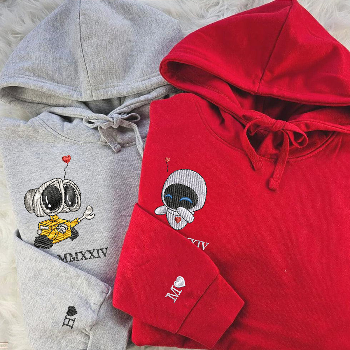 Custom Embroidered Roman Numeral Date Hoodies For Couples, Cute Cartoon Robot Love Couples Hoodie