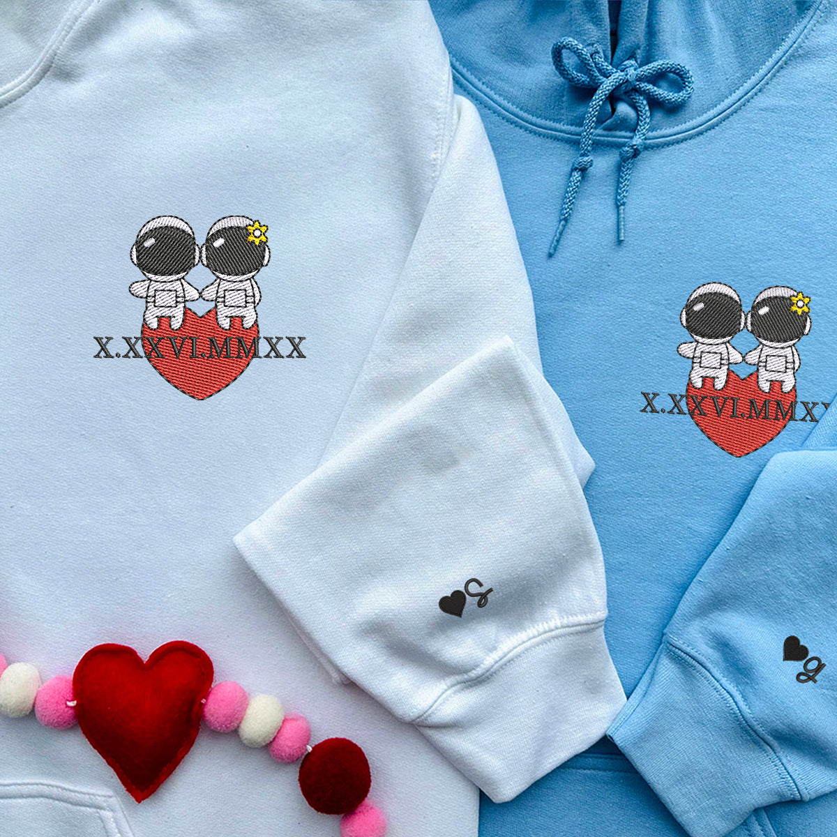 Custom Embroidered Roman Numeral Date Hoodies For Couples, Cute Couples Astronaut Couples Embroidered Hoodie