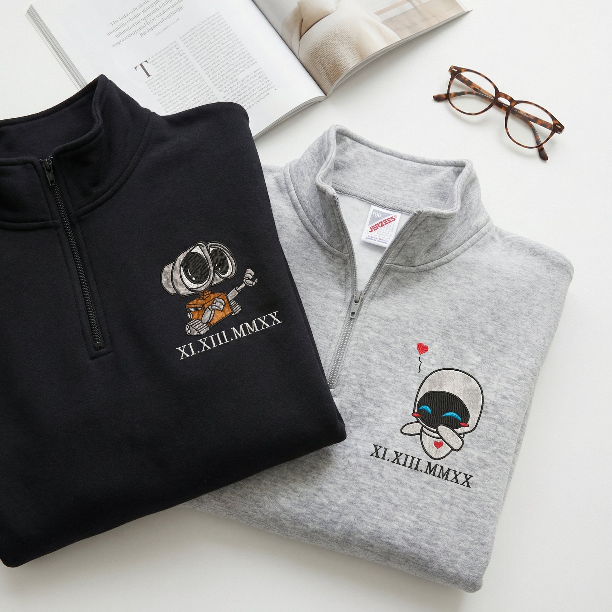 Custom Embroidered Roman Numeral Date Quarter Zip Sweatshirts for Couples - Cute Cartoon Robot Love Matching Full-Zip Hoodie