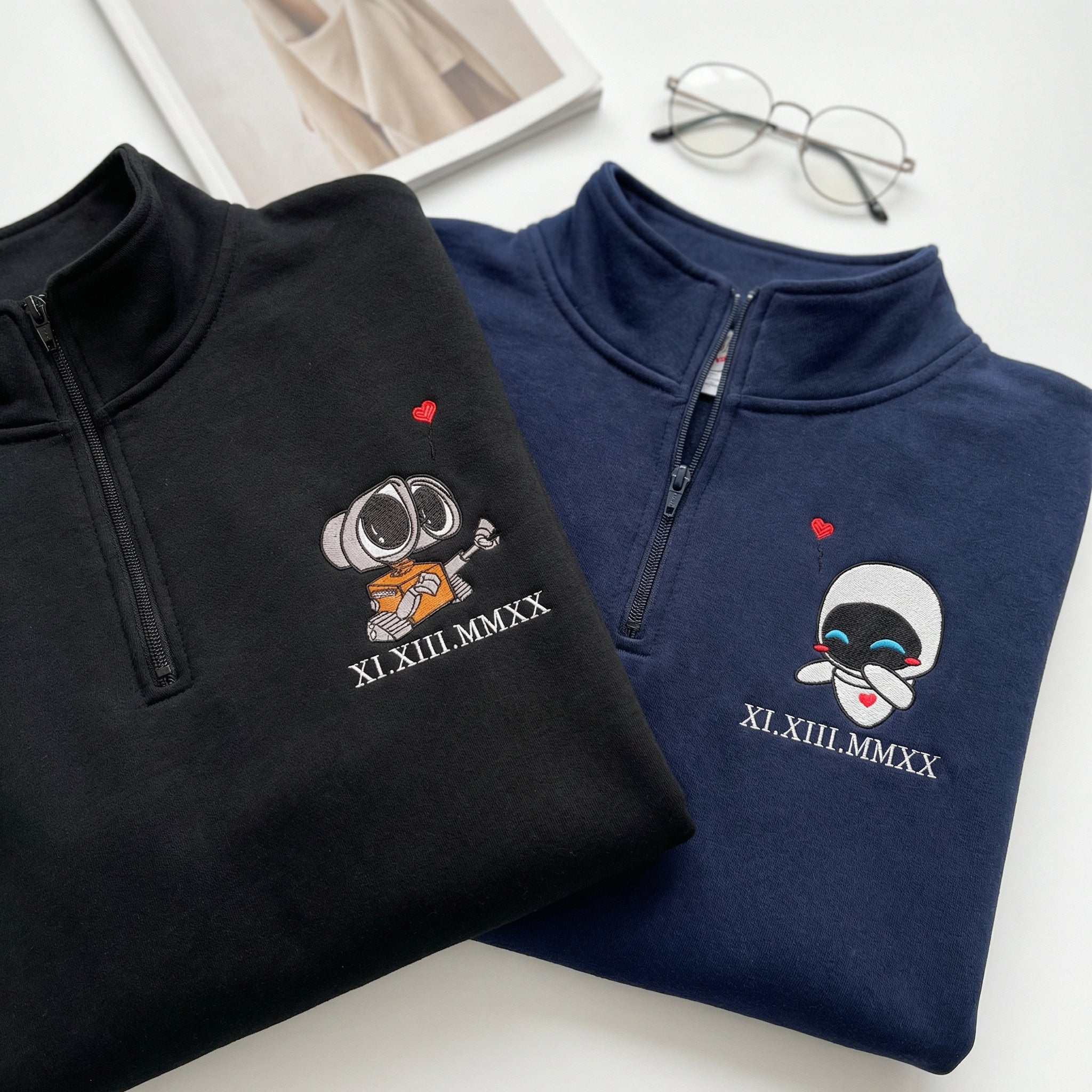 Custom Embroidered Roman Numeral Date Quarter Zip Sweatshirts for Couples - Cute Cartoon Robot Love Matching Full-Zip Hoodie