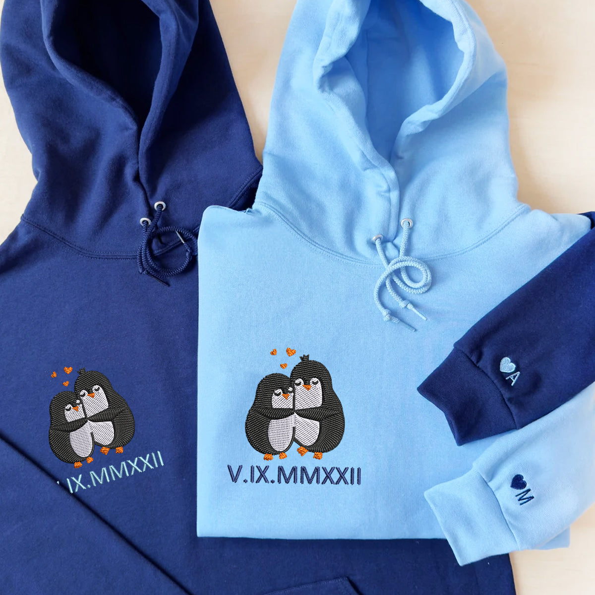 Custom Embroidered Roman Numeral Hoodies For Couples, Roman Numeral Date Hoodie, Cute Penguin Couples Embroidered Hoodie