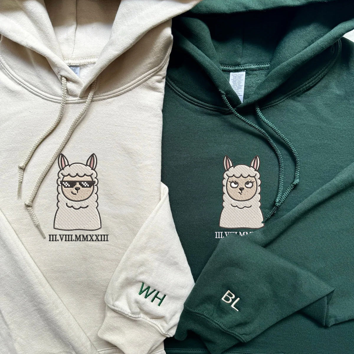 Custom Embroidered Roman Numeral Hoodies For Couples, Roman Numeral Date Hoodie, Sheep Cartoon Couples Embroidered Hoodie