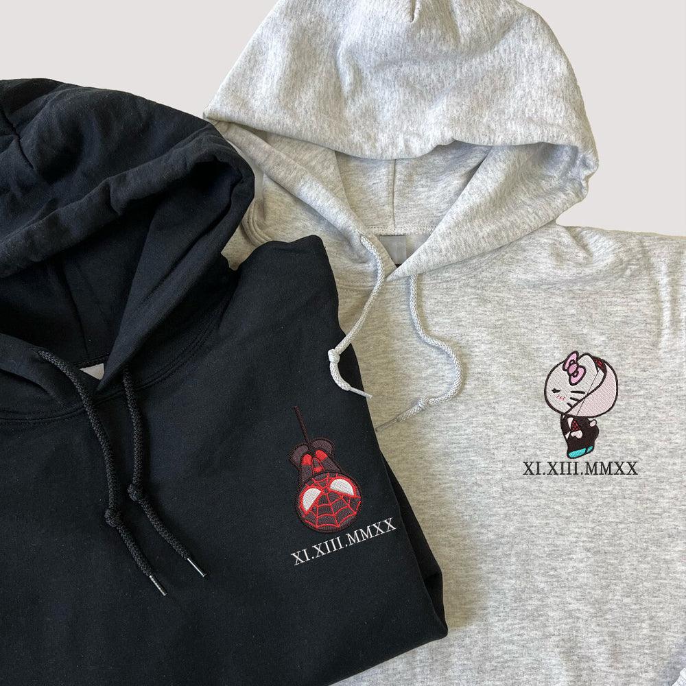 Custom Embroidered Roman Numeral Hoodies For Couples, Roman Numeral Date Hoodie, Spider Kitten Couples Embroidered Hoodie V2