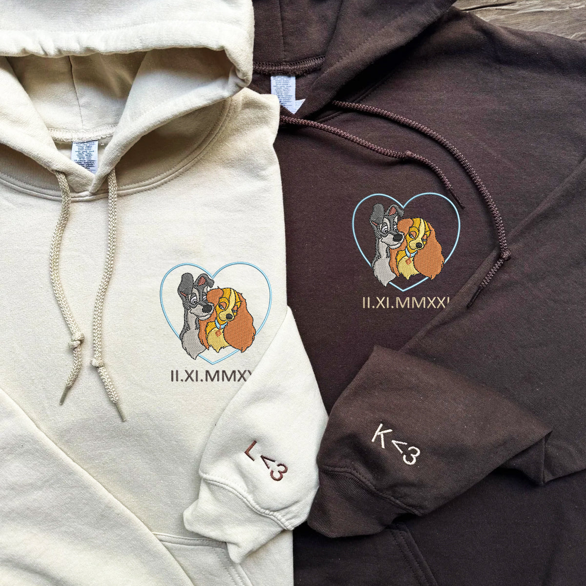 Custom Embroidered Roman Numeral Hoodies for Couples, Romantic Dog Lovers Matching Hoodie