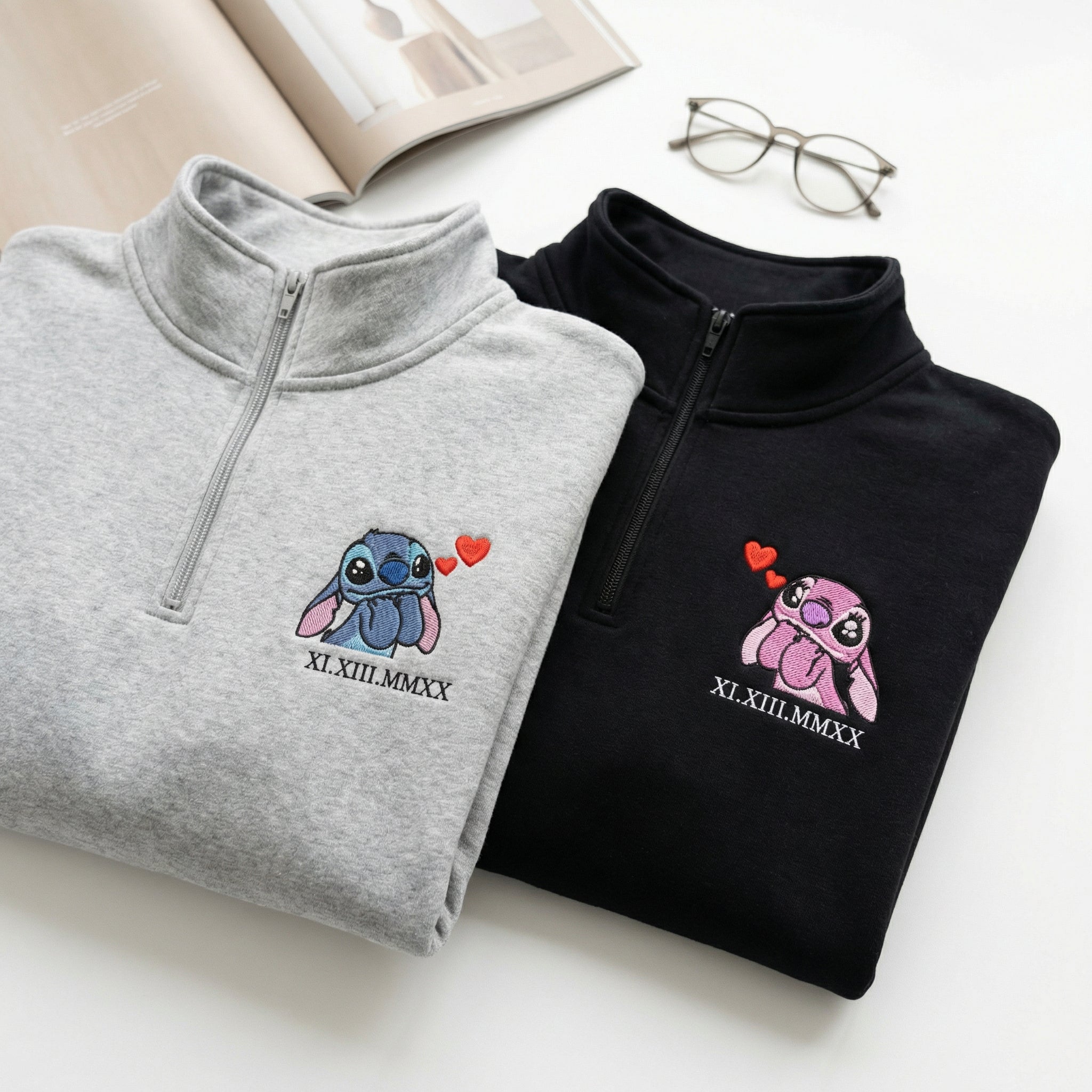 Custom Embroidered Roman Numeral Quarter Zip Sweatshirts for Couples - Cute Alien Duo Matching Date Hoodie