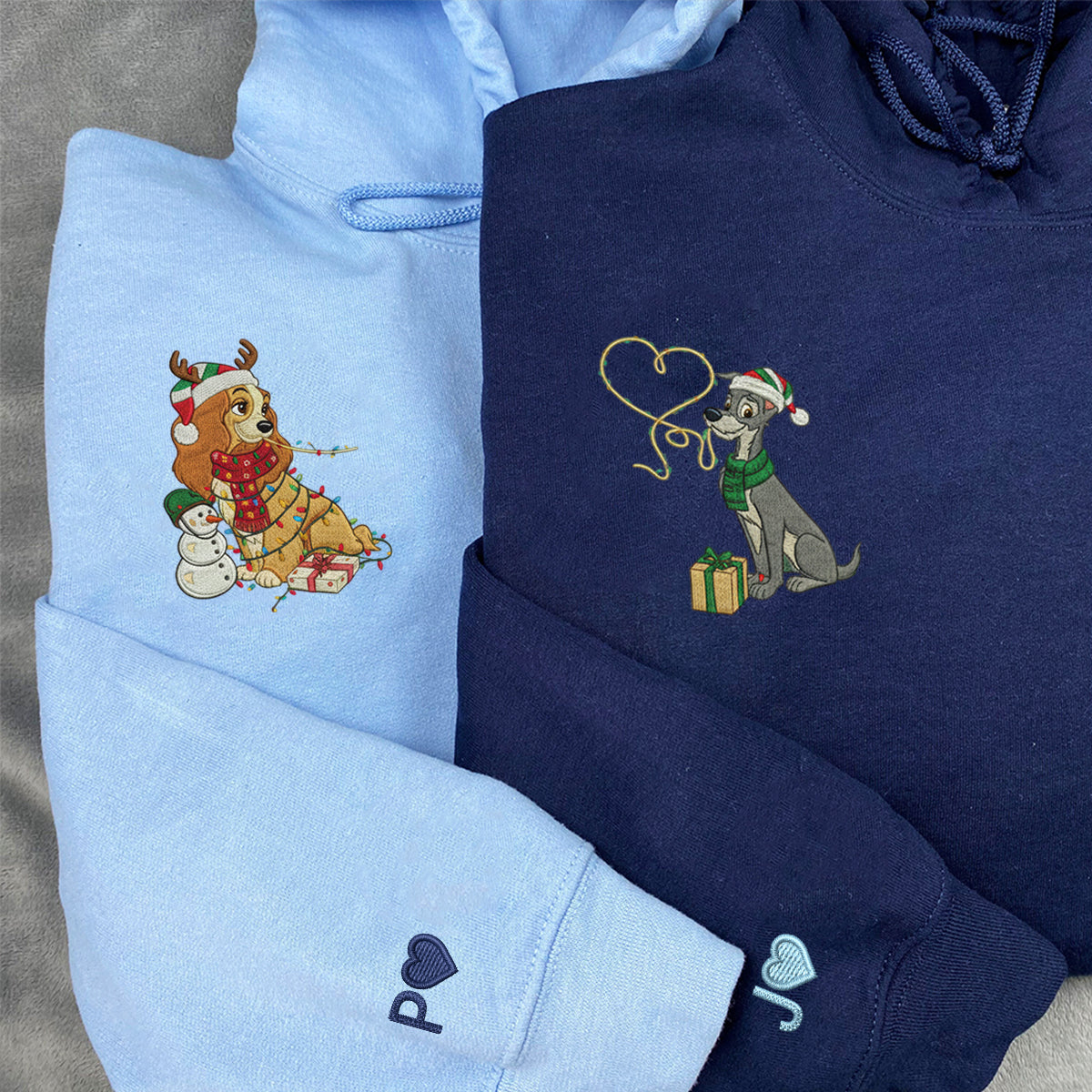 Custom Embroidered Romantic Cartoon Dog Couple Christmas Lights Sweatshirt, Cozy Holiday Hoodie Matching for Couples