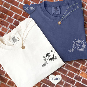 Custom Embroidered Sea Wave Sun And Moon Matching T-shirts for Couples