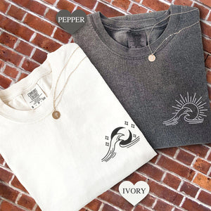 Custom Embroidered Sea Wave Sun And Moon Matching T-shirts for Couples