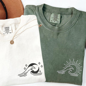 Custom Embroidered Sea Wave Sun And Moon Matching T-shirts for Couples
