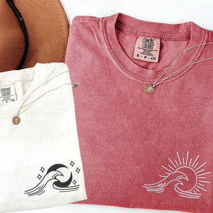 Custom Embroidered Sea Wave Sun And Moon Matching T-shirts for Couples
