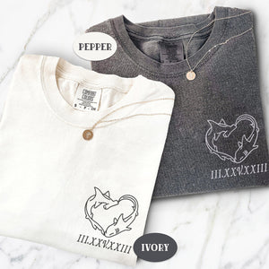 Custom Embroidered Shark Love Roman Numeral Matching T-shirts for Couples