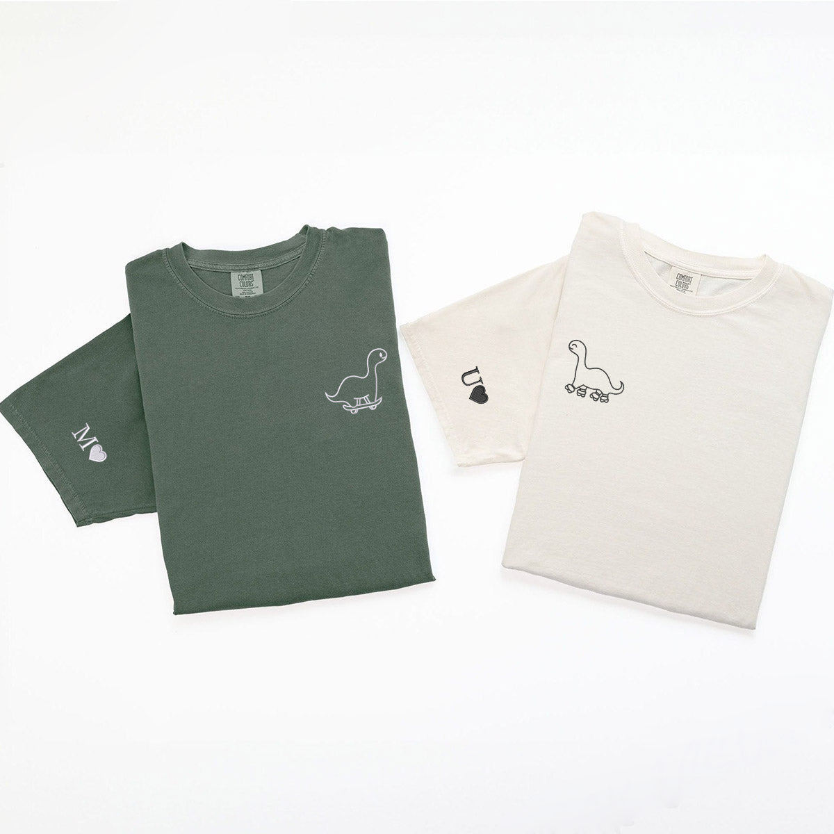 Custom Embroidered Skater Dino Matching T-shirts for Couples
