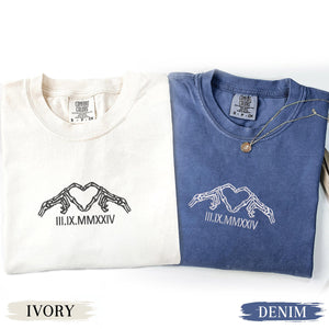 Custom Embroidered Skeleton Heart Roman Numeral Matching T-shirts for Couples