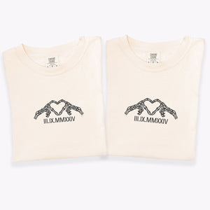 Custom Embroidered Skeleton Heart Roman Numeral Matching T-shirts for Couples