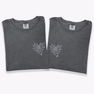 Custom Embroidered Spider Web Heart Matching T-shirts for Couples