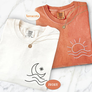 Custom Embroidered Sun and Moon Wave Matching T-shirts for Couples
