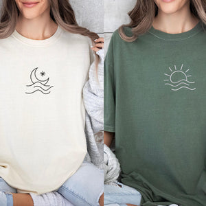Custom Embroidered Sun and Moon Wave Matching T-shirts for Couples