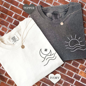 Custom Embroidered Sun and Moon Wave Matching T-shirts for Couples