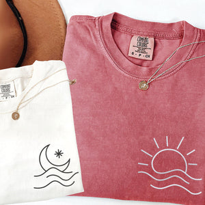 Custom Embroidered Sun and Moon Wave Matching T-shirts for Couples