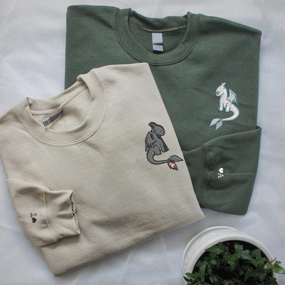 Custom Embroidered Sweatshirts For Couples, Custom Matching Couple Sweatshirt, Cartoon Dragon Duo Couples Embroidered Sweater