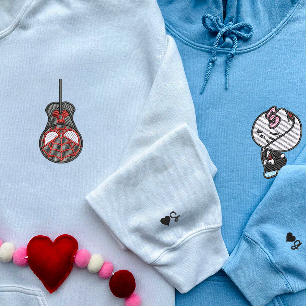 Custom Embroidered Sweatshirts For Couples, Custom Matching Couple Sweatshirt, Spider Kitten Couples Embroidered Crewneck Sweater V1