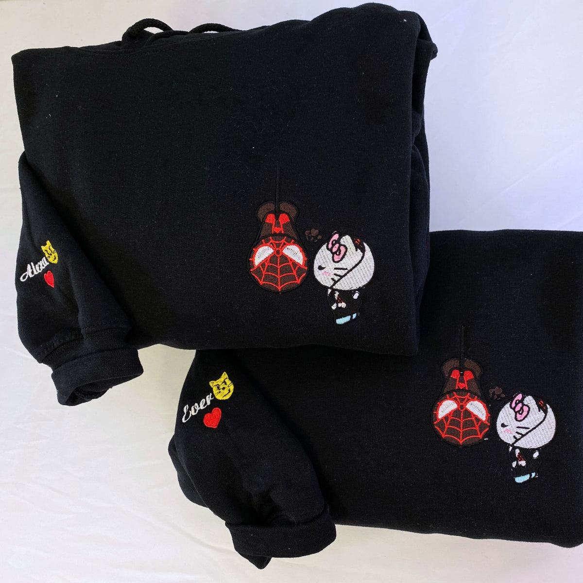Custom Embroidered Sweatshirts For Couples, Custom Matching Couple Sweatshirt, Spider Kitten Couples Embroidered Crewneck Sweater V2