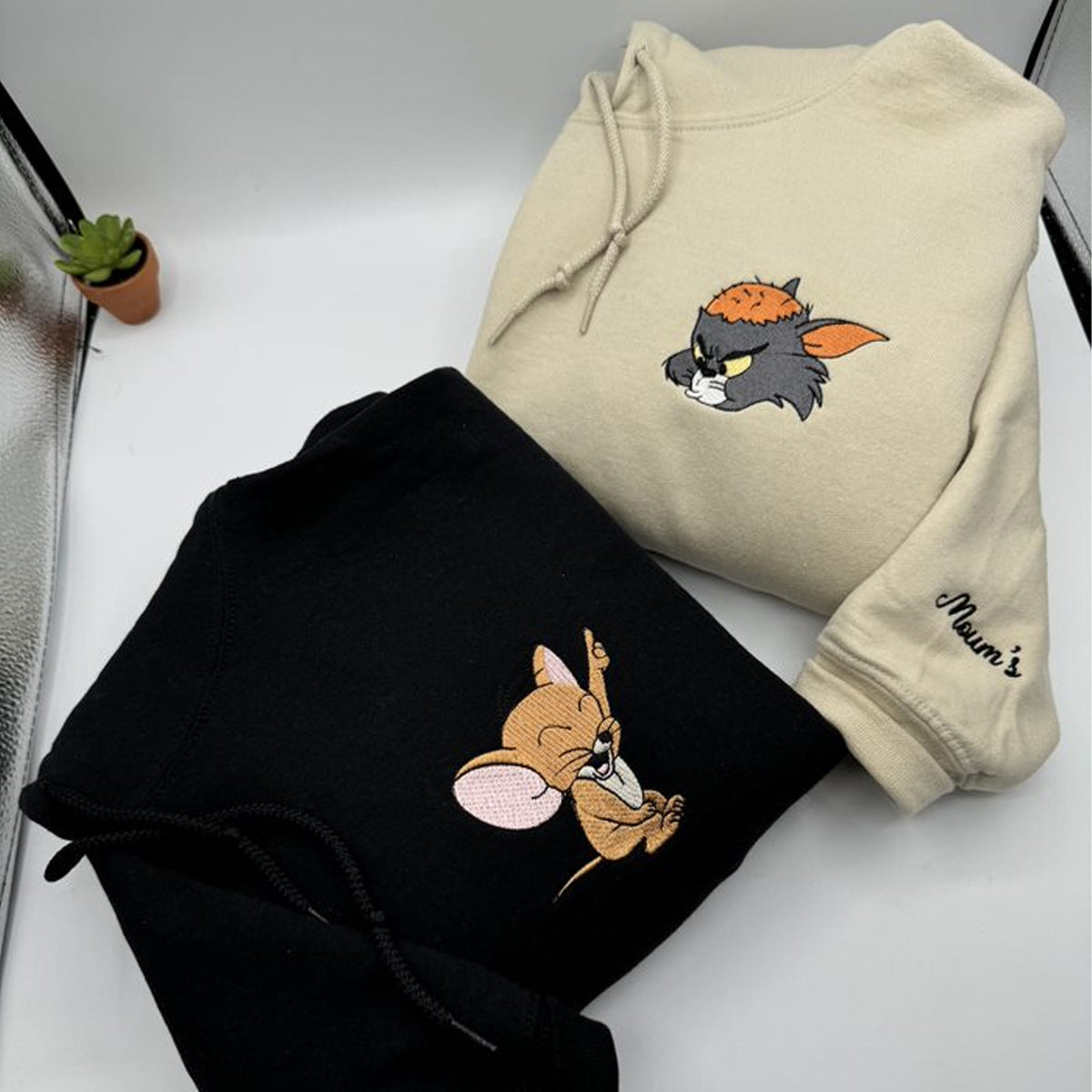 Custom Embroidered Hoodies for Couples, Cute Cartoon Cat and Mouse Matching Couple Hoodie