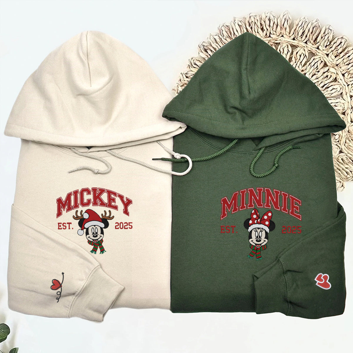 Custom Embroidered Sweet Mouse Cartoon Couple Holiday Sweatshirt, Warm Festive Season Hoodie Matching for Couples