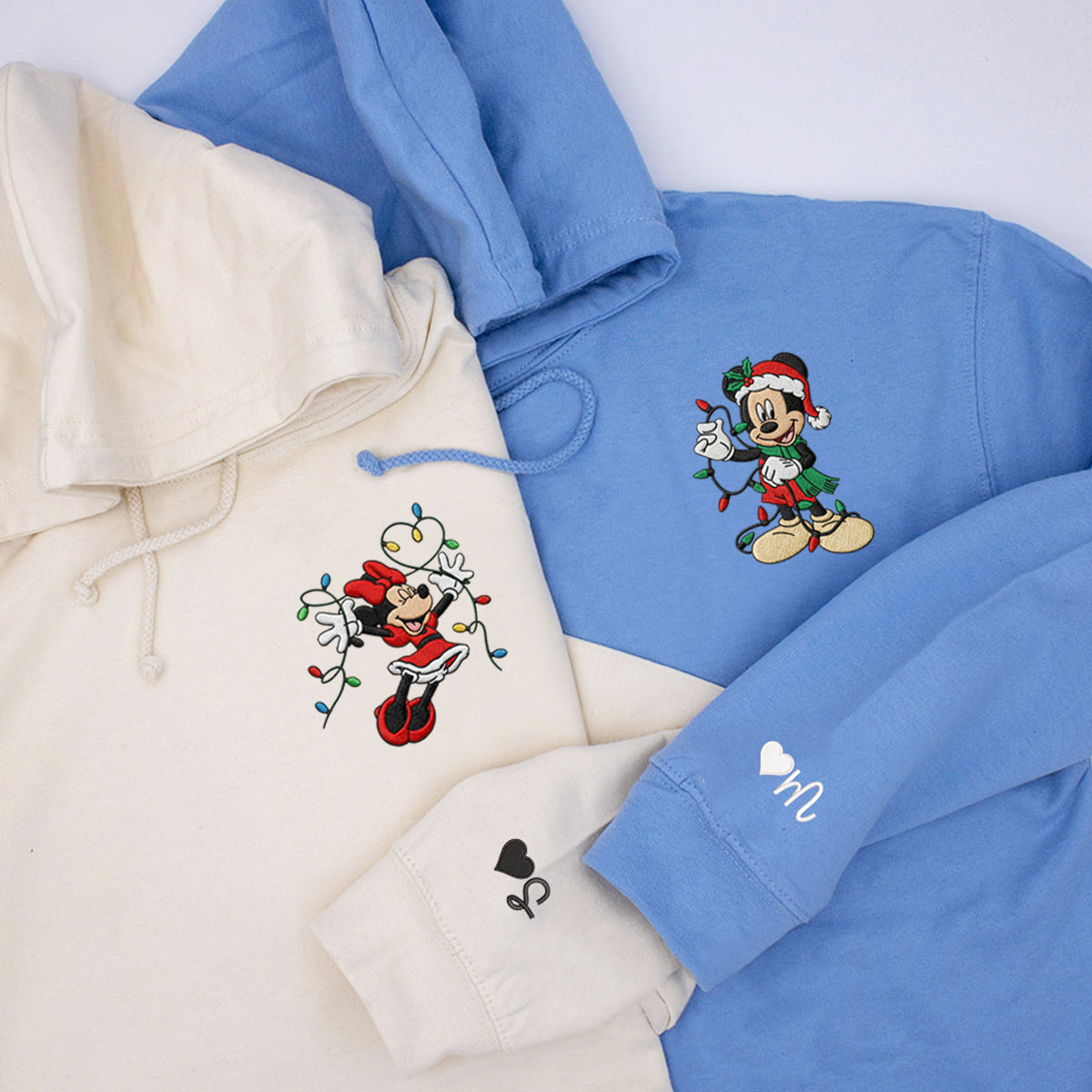 Custom Embroidered Sweet Mouse Couple Holiday Hoodie, Warm Christmas Lights Sweatshirt Matching for Couples