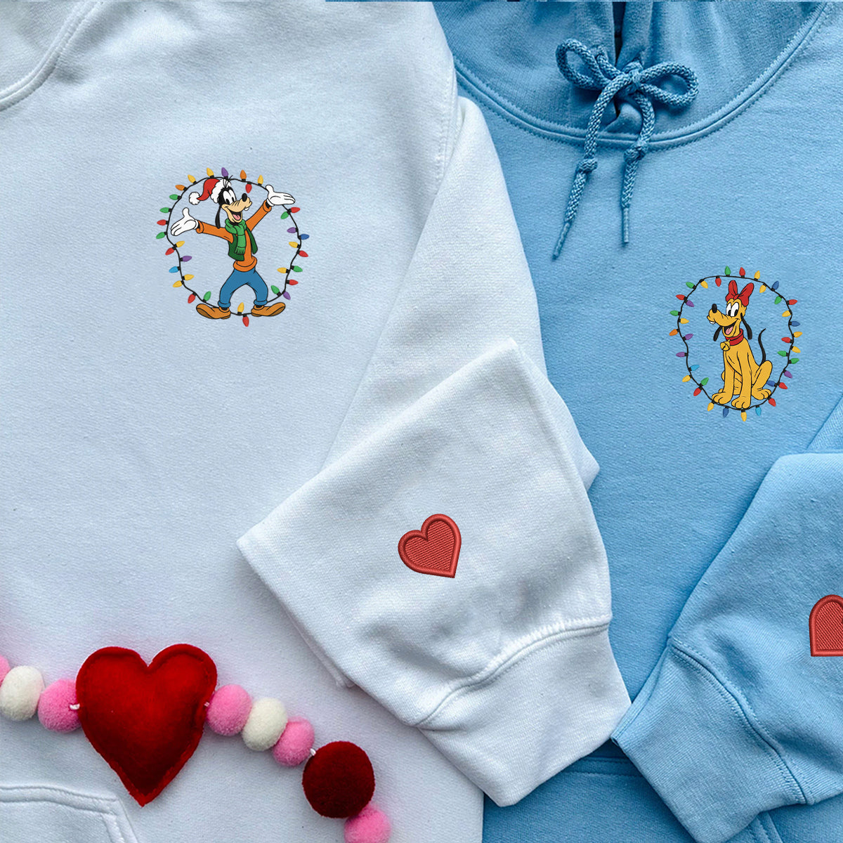 Custom Embroidered Tall Cartoon Dog and Festive Pup Holiday Crewneck, Cute Xmas Lights Matching for Couples