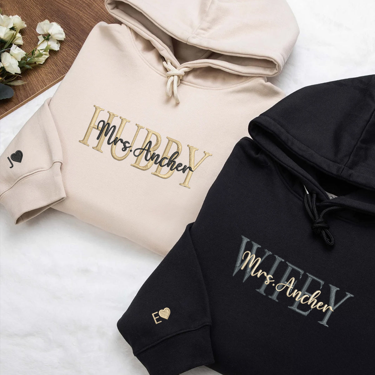 Custom Embroidered Wifey Hubby Date On Sleeve Anniversary Sweatshirt Hoodies