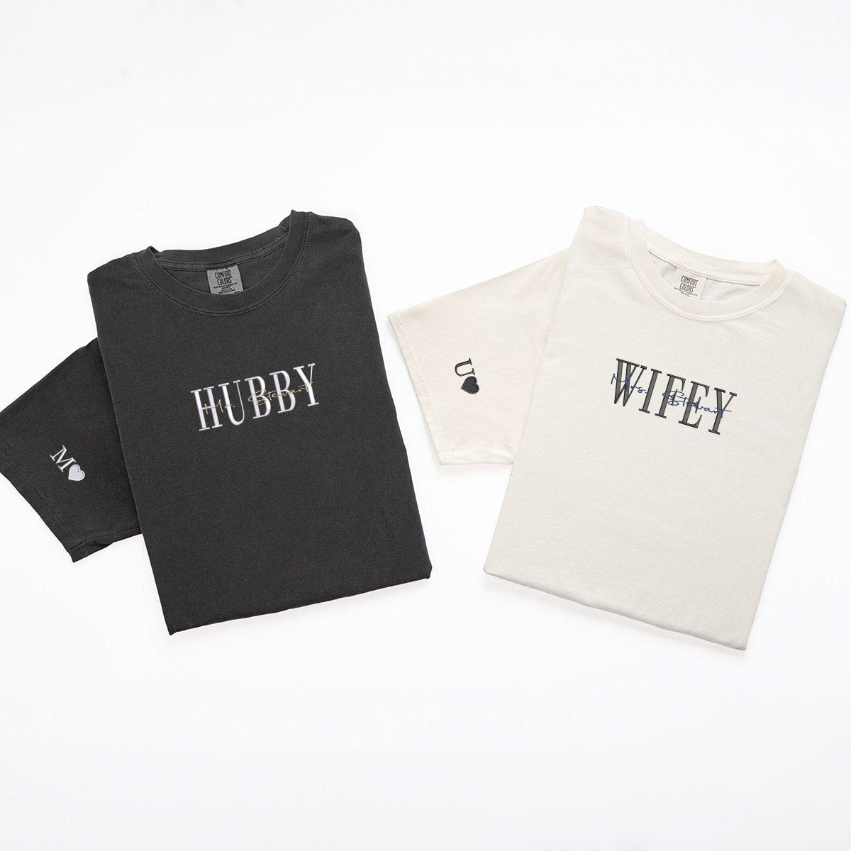 Custom Embroidered Wifey Hubby Date On Sleeve Anniversary T-shirts for Couples