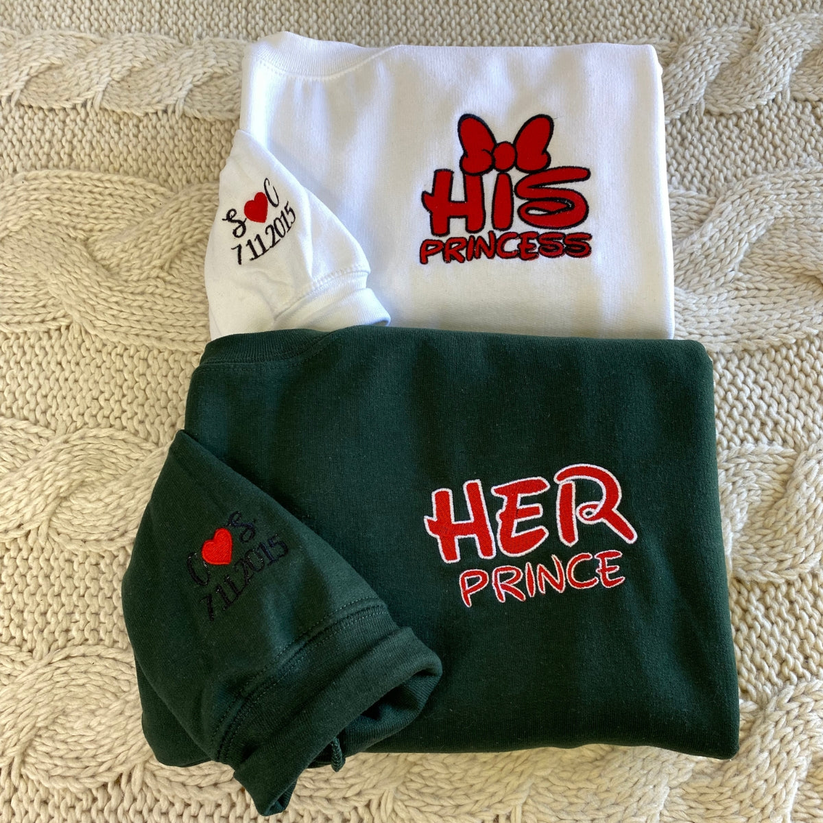 Custom Her Prince His Princess Cartoon Inspired Embroidered Honeymoon Couples Matching Embroidered Sweatshirt Hoodies