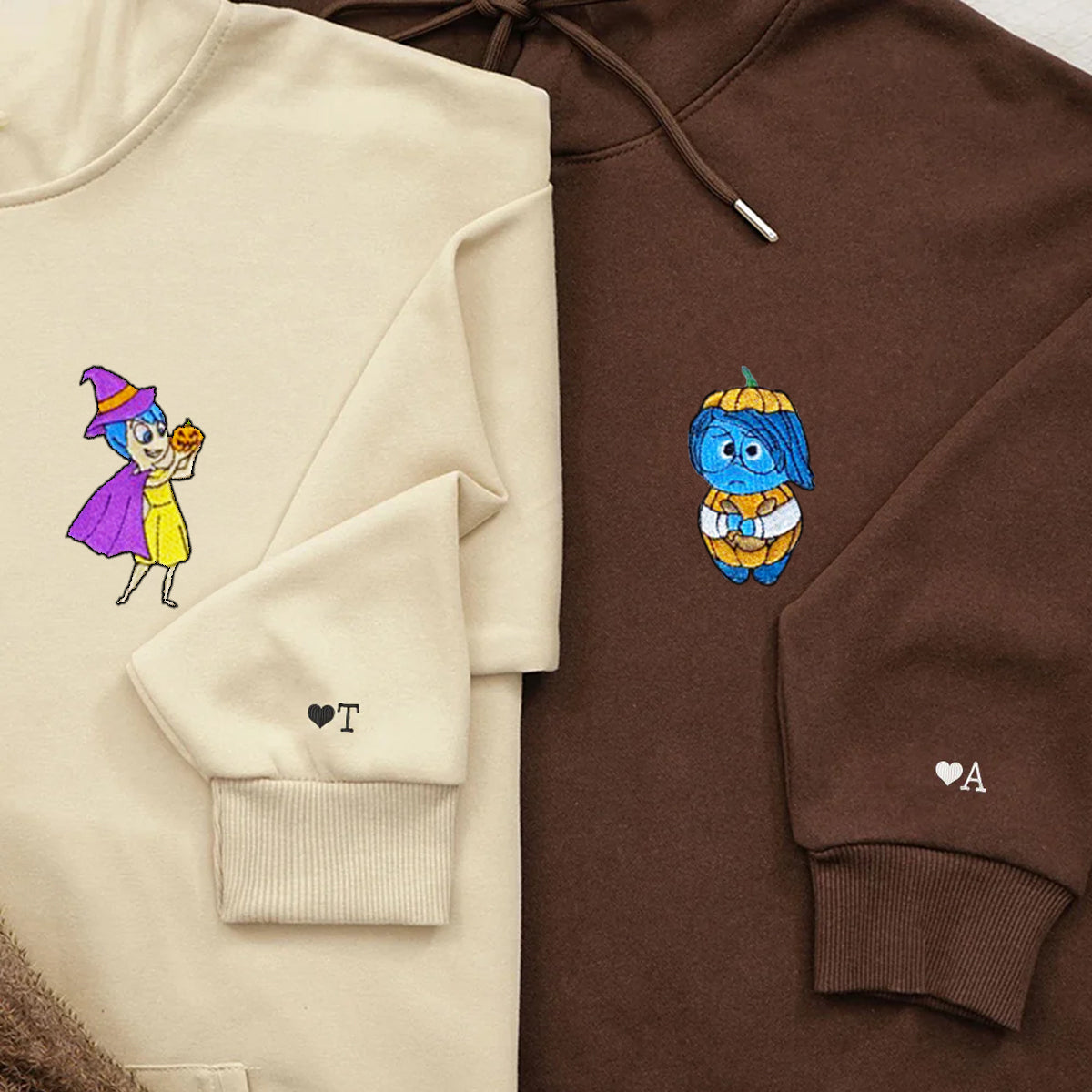 Custom Matching Couple Halloween Hoodies with Cute Emotion Characters Embroidery