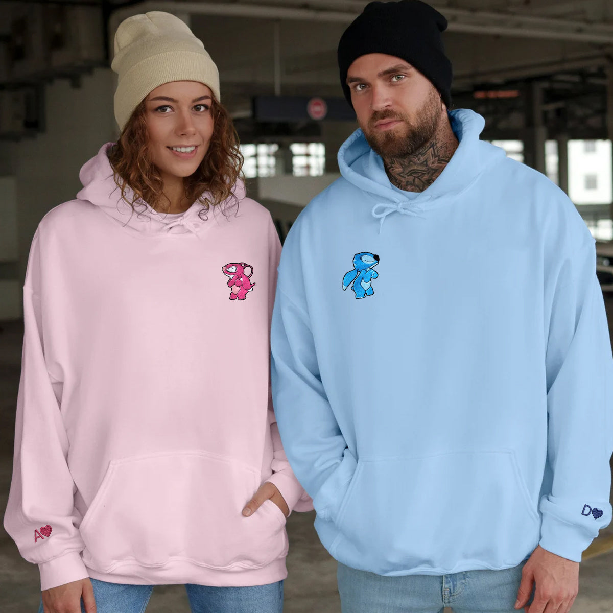 Custom Matching Couple Hoodies with Angry Cute Alien Love Embroidery