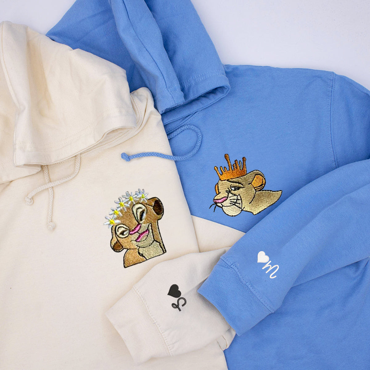 Custom Matching Couple Hoodies with Cute Lion Couple Embroidery