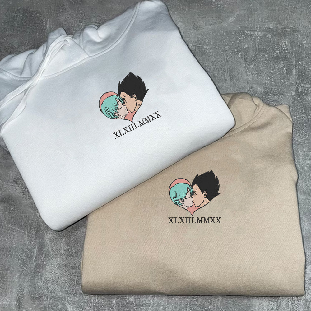 Custom Matching Couple Hoodies with Roman Numeral Date Embroidery, Cute Cartoon Love Design