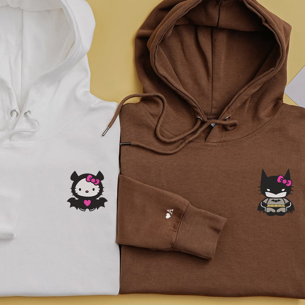 Custom Embroidered Hoodies For Couples, Cute Bat x Kitten Couples Embroidered Hoodie