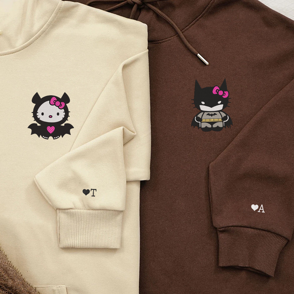 Custom Embroidered Hoodies For Couples, Cute Bat x Kitten Couples Embroidered Hoodie