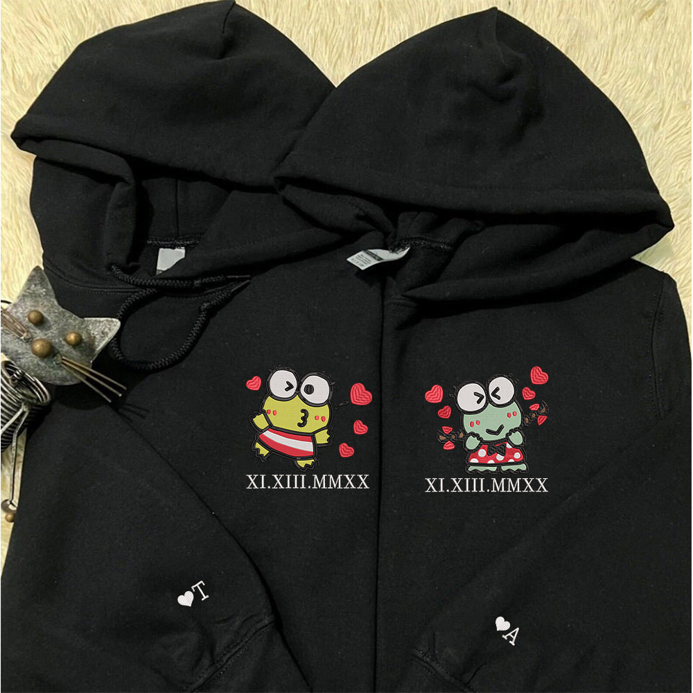 Custom Embroidered Roman Numeral Date Hoodies For Couples, Cute Cartoon Frogs Couples Embroidered Hoodie