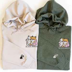 Custom Embroidered Hoodie | Romantic Couple Sweatshirts | Adorable Cat & Dog Design