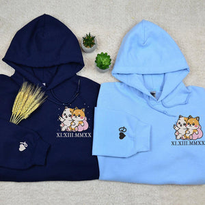 Custom Embroidered Hoodie | Romantic Couple Sweatshirts | Adorable Cat & Dog Design