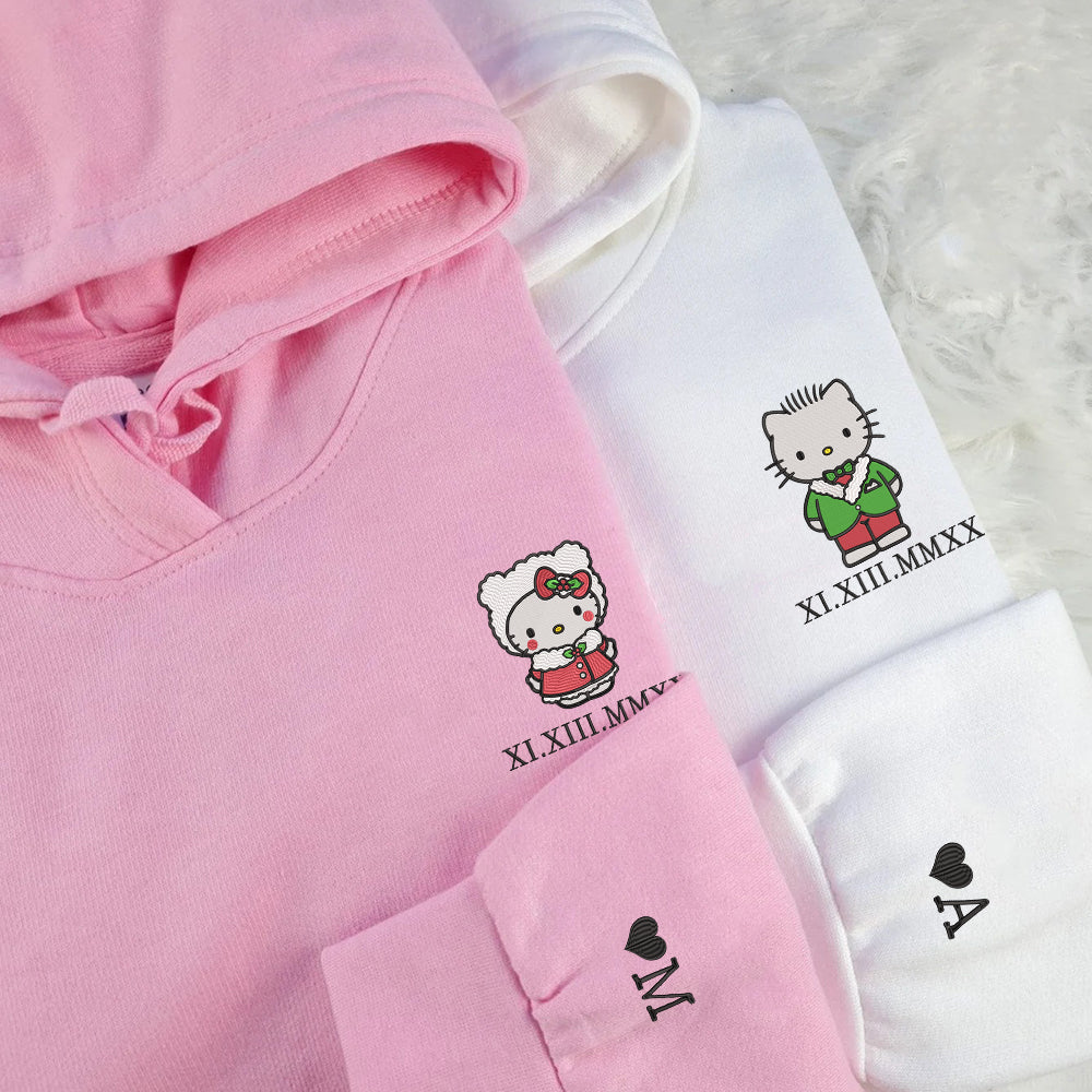 Custom Embroidered Roman Numeral Date Hoodies For Couples, Cute Christmas Kitten Cartoon Couples Embroidered Hoodie